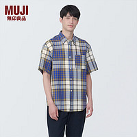 MUJI 無印良品 无印良品（MUJI）男式 马德拉斯格纹纽扣领短袖衬衫男士衬衣外套纯棉全棉 AC1W8A4S 藏青色格纹