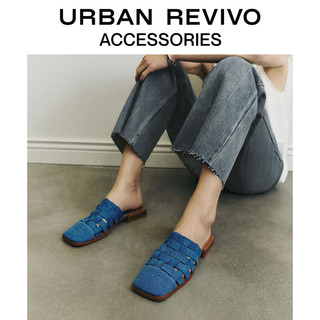 URBAN REVIVO2024春季新款女士牛仔编织平底方头拖鞋UAWS40048 中灰蓝 3