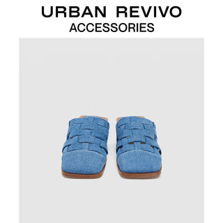 URBAN REVIVO2024春季新款女士牛仔编织平底方头拖鞋UAWS40048 中灰蓝 3