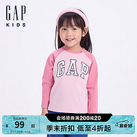 GAP女童2024初秋纯棉logo撞色插肩袖长袖T恤儿童装上衣646127 粉色 150cm(12-13岁) 亚洲尺码