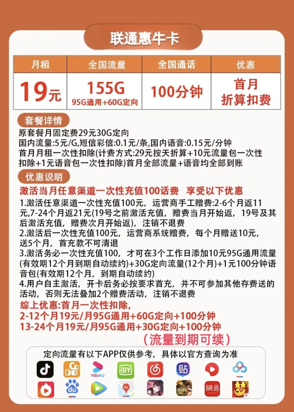 China unicom 中国联通 惠牛卡 2年19元月租(自助激活+155G全国流量+100分钟全国通话)开卡赠20元E卡