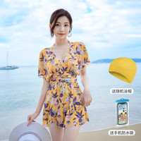 佑游中老年女士泳衣妈妈泡温泉遮肚显瘦连体裙式保守泳装12027黄色