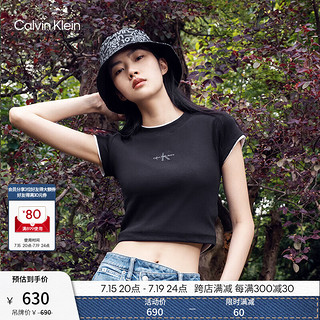 Calvin Klein Jeans夏季女士简约字母时尚ck辣妹重磅微弹正肩短袖T恤J221171 BEH-太空黑 S