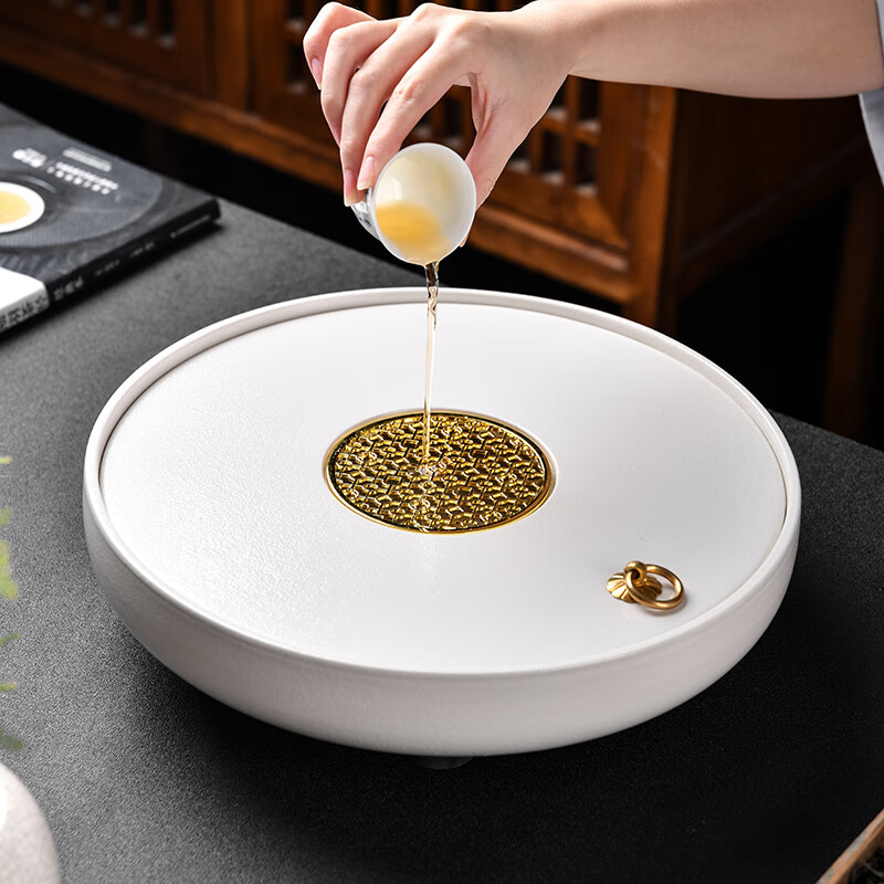 静瓷斋白色陶瓷茶盘圆形储水茶台 家用现代简约小型泡茶托盘