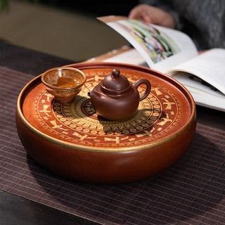 古歌元作纯铜茶盘茶具储水式办公家用干泡功夫茶台圆形复古可移动黄铜茶托 铜鼓【赤茶赭】260mm*71mm