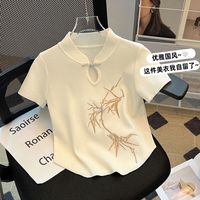KAHTOP2024夏季国风复古水墨竹印花短袖T恤汉服立领盘扣上衣女KSJ 国风复古杏色 均码【80斤-120斤】