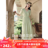 茵曼【李一桐同款】法式薄荷曼波连衣裙2024夏女装新款V领灯笼袖抽绳