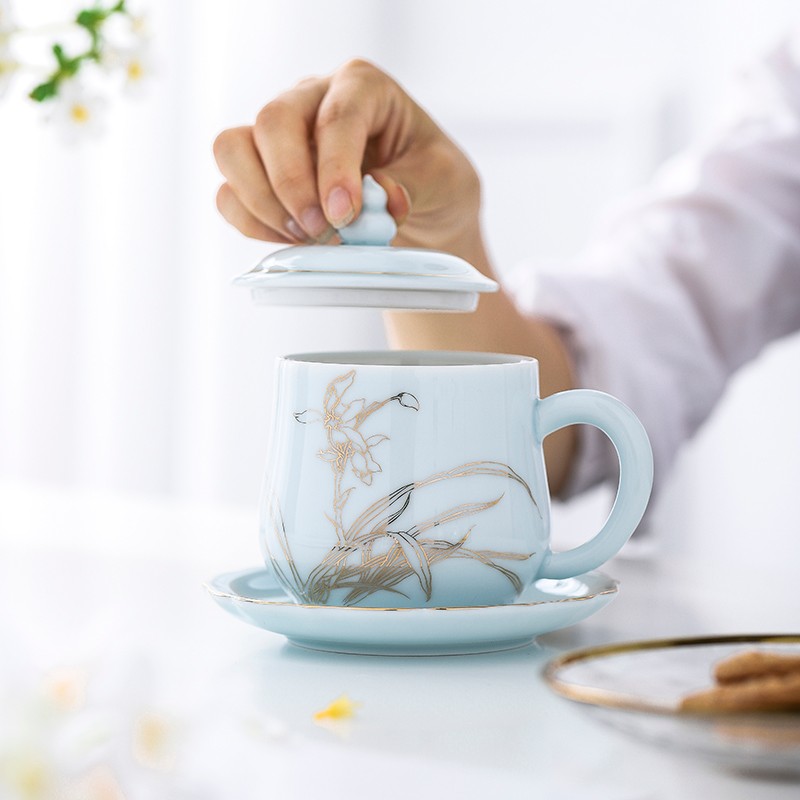 九楼阁 景德镇高温陶瓷茶杯带盖水杯描金男女通用办公杯广告杯 粉青金兰 不配碟子