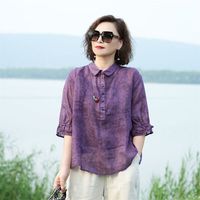 芭鸢亚麻感女装高档上衣文艺提花中袖复古新中式衬衫女夏季2024 紫罗兰上衣 2XL