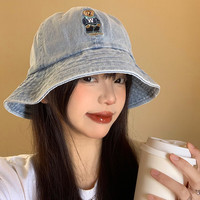 鲸曦小熊牛仔渔夫帽女春夏日系大头围遮阳防晒盆帽复古显脸小水桶帽子 小熊牛仔渔夫帽【浅蓝】