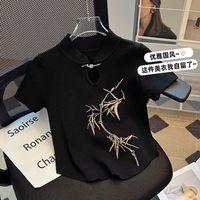 KAHTOP2024夏季国风复古水墨竹印花短袖T恤汉服立领盘扣上衣女KSJ 国风复古黑色 均码【80斤-120斤】