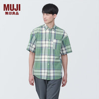 無印良品 MUJI（無印良品 ）男式 马德拉斯格纹纽扣领短袖衬衫男士衬衣外套纯棉全棉 AC1W8A4S 绿色格纹 L （175/100A）