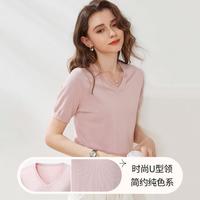 百搭V领简约含桑蚕丝T恤纯色针织衫24春夏短袖通勤打底上衣女