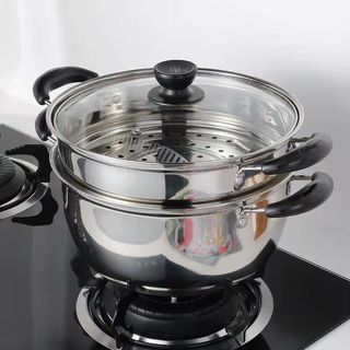 不锈钢加厚汤锅蒸锅不粘锅炖锅煲汤锅家用煮粥实用火锅燃气电磁炉 24cm双柄特厚单底【带蒸格】