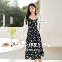 香影 X.YING黑色碎花吊带连衣裙女2024夏季海边度假无袖内搭雪纺裙子