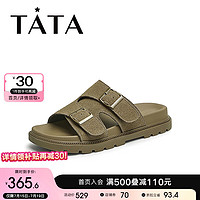 他她（TATA）休闲复古拖鞋女夏季外穿真皮勃肯鞋凉拖2024CAT01BT4 军绿(3cm跟高） 40