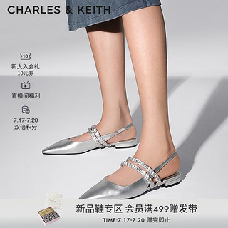 CHARLES&KEITH24秋季褶皱绊带饰法式气质尖头包头平底凉鞋女CK1-70381071 Silver银色 37