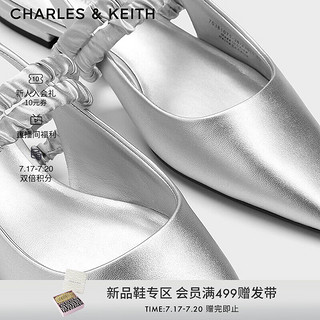 CHARLES&KEITH24秋季褶皱绊带饰法式气质尖头包头平底凉鞋女CK1-70381071 Silver银色 37