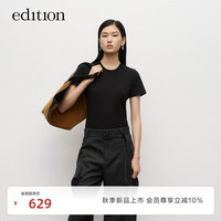 editionT恤女2024秋季圆领正肩短袖合身上衣长绒棉显瘦百搭 黑色 S/160
