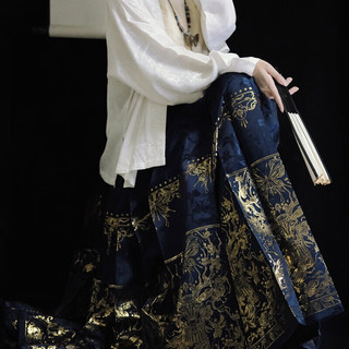 醉雨朵【藏蓝鹿神】高端马面裙套装日常明制汉服女2024春夏 藏蓝织金马面裙 S