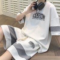 POUM华夫格套装男夏季青少年短袖短裤高街潮牌休闲运动两件套 ESD-F34白色 XL