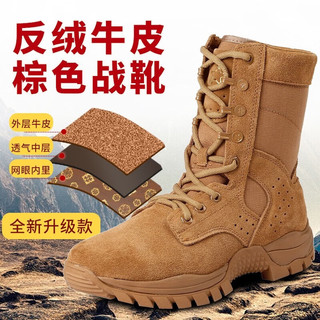 仪标棕色夏季作战靴超轻侧拉链训练真皮透气耐磨沙漠高帮户外登山鞋男 棕色作战靴 44