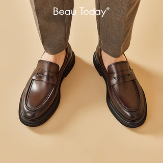 BEAUTODAY2024新款商务正装男士皮鞋夏季乐福鞋豆豆鞋男复古一脚蹬休闲男鞋 棕色