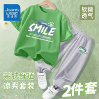 真维斯男童套装2024年童装中大童夏季冰丝防蚊裤儿童t恤两件套 绿/K青涂鸦灰色/K青颜料涂鸦小标 110