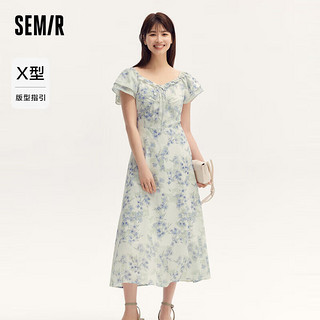 森马（Semir）连衣裙女木耳边方领小飞袖夏季2024小清新雪纺碎花裙109324114015