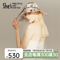 She's茜子植物印花撞色织带遮光大檐帽空顶帽户外出游防晒帽遮阳帽子夏 乳白色H0 M(56-58cm)