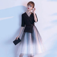 诺丽缇气质宴会晚礼服长款2024平时可穿主持人年会演出梦幻星空裙女 黑色中长款 2XL