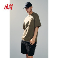 H&M男装2024夏季棉质舒适宽松版圆领胸袋短袖上衣T恤1226614 绿色 175/100 M