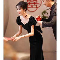 诺丽缇鱼尾酒红色敬酒服晚礼服女新娘修身气质2024宴会轻奢长款丝绒 黑色长款 M