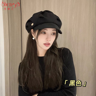 笙格儿黑色云朵帽子女日系大头围显脸小褶皱八角帽韩版素颜短檐贝雷帽潮 卡其色 53-60可调节