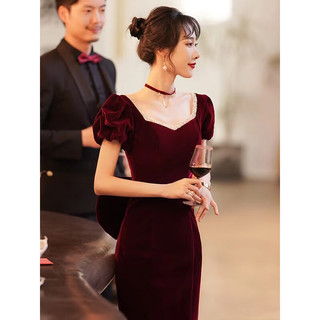诺丽缇鱼尾酒红色敬酒服晚礼服女新娘修身气质2024宴会轻奢长款丝绒 酒红色长款 L