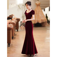 诺丽缇鱼尾酒红色敬酒服晚礼服女新娘修身气质2024宴会轻奢长款丝绒 酒红色长款(无蝴蝶结) 2XL