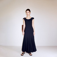 ochirly欧时力 荷叶边无袖连衣裙A字中长裙显瘦气质2024秋季 藏青 XS