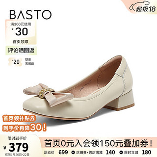 BASTO 百思图 2024秋季简约蝴蝶结方头浅口女单鞋AC668CQ4 米白色 34