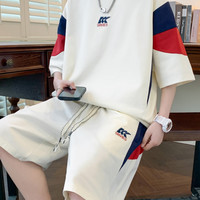 KLSJLA短袖套装男青少年2024夏季冰丝t恤男装初高中生一套搭配衣服艾伊 TZ711米黄色 2XL (140-160斤)