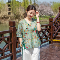 汉服女古装日常改良汉元素中国风苎麻短袖上衣女年夏季旅行复古文艺民族风棉麻套装 绿色上衣 XL
