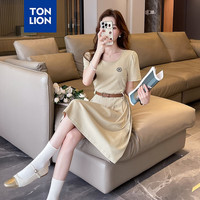 唐狮 TONLION2024夏季女方领收腰百褶短袖连衣裙WP 卡其 S