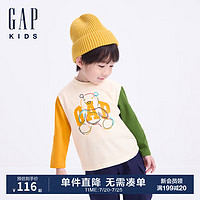 Gap男幼童2024初秋撞色拼接小熊印花长袖T恤儿童装上衣646219 象牙白 100cm(2-3岁)尺码偏小，选大一码