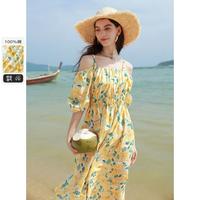 【24年夏季款】花卉连衣裙一字肩收腰A字裙度假清新长裙女
