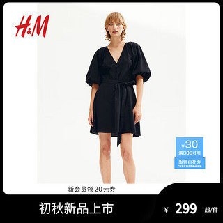 H&M女装连衣裙2024夏季灯笼袖V领系带A字短裙1239272 黑色 170/116 XL