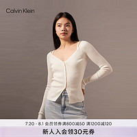 Calvin Klein Jeans24早秋女士简约刺绣ck螺纹V领纽扣开衫针织衫J223610 YBI-牛乳白 M