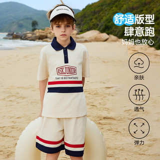 ASK JUNIOR男童运动套装2024夏季儿童薄款针织polo衫短裤两件套 米白色 160