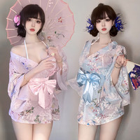 情趣日式和服内衣女级污度诱惑夫妻刺激性感制服日系睡衣大码cos女生连衣裙约会战袍 落樱美姬蓝【和服+腰带+文胸+T裤】 均码【体重80-140斤】