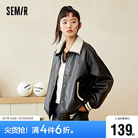 森马（Semir）外套女翻领撞色气质高街秋季2023宽松PU仿皮夹克潮流107623108002 黑色90001 L