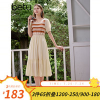 百图betu女装2024夏季新款连衣裙法式方领毛织拼接连衣裙女2406T57 杏色