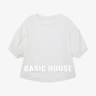 Basic House/百家好五分灯笼袖拼接褶皱T恤小众插肩袖上衣夏季女 白色 L